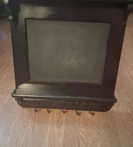 Black Shelf with Hooks and Chalkboard
