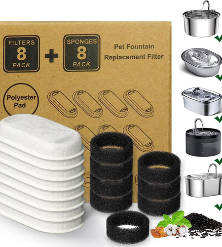 Cat Water Fountain Filters,16 Pack Cat Fountain Replacement Filters for Stainless Steel 67Oz/2L Adjustable Water Flow Pet Water Fountain,Dog Water Fountain (8+8 Pack)